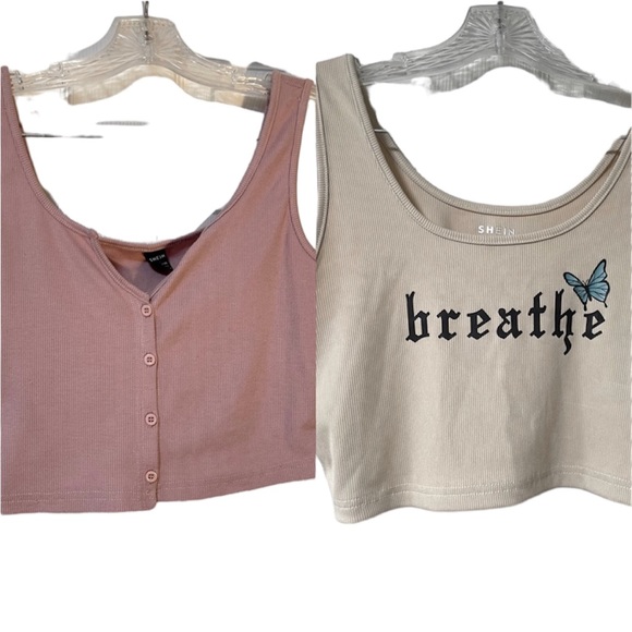 SHEIN Tops - 2 Shein Crop Tops: Light Mauve/Pink Buttons & Tan with Breathe blue butterfly